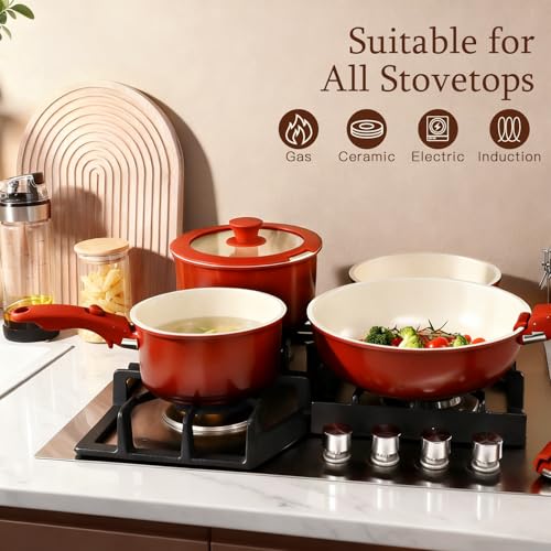 GIPP 11PCS Ceramic Pots and Pans Set Non Stick, Nonstick Cookware Set Detachable Handle, Red Black Gradien Pots and Pans Induction Kitchen Cooking Sets, RV Cookware Sets for All Stoves - color: Red and Black Gradient, size: 11PCS