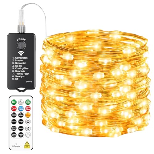 HXWEIYE Rechargeable Fairy Lights with Remote, 66ft 200 LED Twinkle Lights with DIY Timer & Light Sensor, Waterproof Outdoor String Lights for Bedroom Patio Christmas Tree Decor, Warm White - color: Warm White, size: 200 Leds
