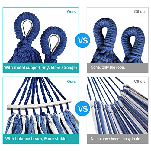 MOSFiATA Hammocks Portable Camping Hammock Upgraded 550lb Comfortable Fabric Hammock with Two Anti Roll Balance Beam and Sturdy Metal Knot Tree Straps for Camping, Patio, Backyard, Outdoor(Blue White) - color: Blue White