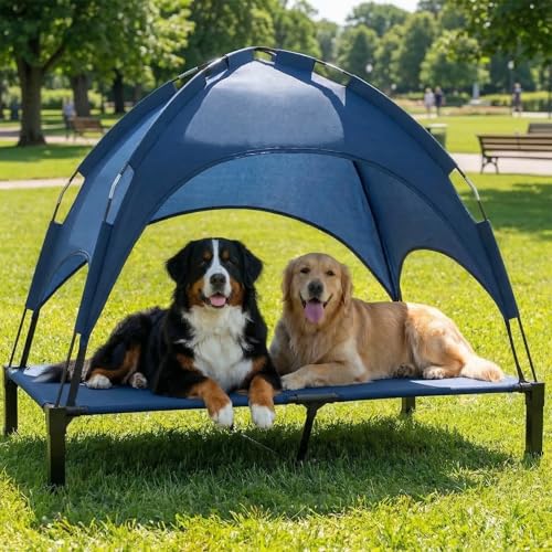 Elevated Dog Bed with Canopy Raised Pet Cot for Large Dogs, Outdoor Dog Cot with Removable Sun Shade Tent, Breathable Mesh Portable Dogs Cot for Camping, Beach, Backyard, Outdoor Use - color: Blue, size: 60"L x 36"W x 49"H