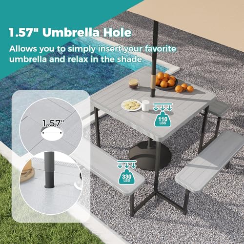Byroce Outdoor Picnic Table for 4-8 Person, HDPE Picnic Camping Table Set with 4 Benches, Umbrella Hole & Metal Frame, Heavy Duty Square Dining Table Chairs for BBQ in Patio, Yard & Poolside (Gray) - color: Grey