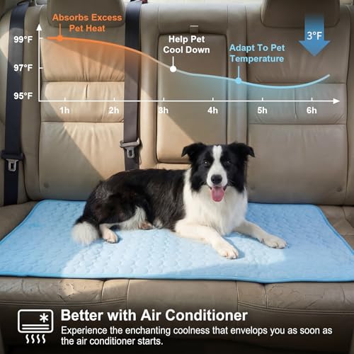 Hahafelt 54"x24.8" Dog Cooling Mat for Car Back Seat, Ice Silk Pet Bed Mat, Non Slip Summer Cooling Pad for Dogs and Cats, Fits Backseat Extenders Protector, Trucks, Suvs, Indoor & Outdoor (Sky Blue) - color: Sky Blue