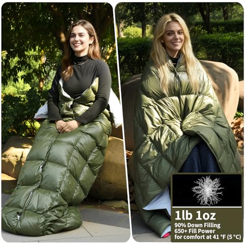 Down Camping Blanket - Lightweight, Packable, Warm & Puffy Outdoor Travel Quilt for Sleep, Hiking, Backpacking, Stadium, Festivals, Water-Resistant Sleeping Bag 55"x79" - color: Ranger Olive, size: 1LB 1.6OZ / 79" x 55"