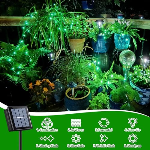 QITONG 4 Pack Solar Fairy Lights, Each 33ft 100 LED Green Christmas String Light Outdoor Waterproof, 8 Modes Silver Wire Twinkle Mini Lights - color: Green, size: 4Pack*100LED
