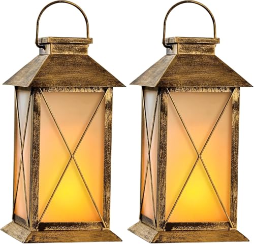 2 Pack Solar Lantern with Flickering Flame Candle, 13" Outdoor Waterproof Solar Lanterns Garden Decorative, Glass Hanging Lantern Metal for Outdoor Patio Yard Tabletop Decoration Mothers Day Gifts Mom - style: Bronze-Cross02