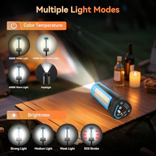 Rechargeable Camping Light with Stand 7ft Max Height, 15000mAh Portable Cordless LED Work Light, 5500 Lumen 6500/4500/3500K Dimmable Emergency Flashlight with Detachable Tripod, Blue - color: Blue