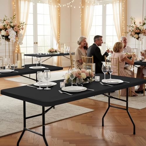 6ft Fitted Tablecloths Rectangle - 2 Pack Outdoor Picnic Table Covers with Elastic, Washable Folding Table Protector for Party Camping Vendor Booth, 30x72 Inch, Black - color: Black, size: 30x72 Inch, 2 Pack