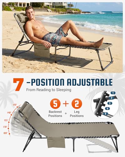 KingCamp Lounge Chair Outdoor,400LBS Tanning Chairs for Outside,Adjustable 5-Position Patio Lounge Chair Sunbathing Chase Lounge Chair Outdoor for Outside Beach Patio Sun Bathing Pool Backyard - color: A*trifold Origins——beige, style: 400lbs&Pinch-Proof S