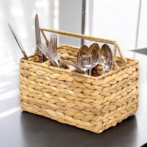 Large Wicker Utensil Caddy Carrier | Water hyacinth Woven Condiment Holder for Table - Kitchen Set Counter Top Organizer - Rustic Small Storage for Dinner Set, Wine