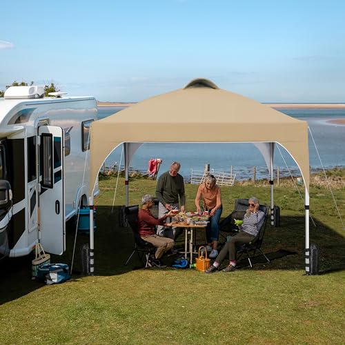 Yaheetech 10x10 Pop Up Canopy Tent with Vent, Easy Set Up Tent, Instant Sun Shelter Canopy with Wheeled Bag, 4 Sandbags, 12 Stakes & 4 Ropes, for Parties, Beach, Outdoor, Khaki - color: Khaki, size: 10x10