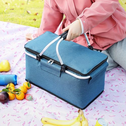 Large Picnic Basket, Insulated Beach Bag Cooler Reusable with Zippered Top & Handles Reusable Folding Grocery Basket Insulated Cooler Bag for Picnic Travel - color: Navy Blue