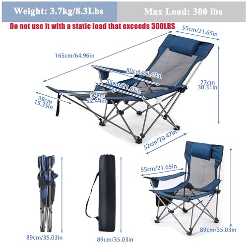 Reclining Folding Camping Chair with Removabel Footrest, Adjustable Folde Camping Chair with Foot Rest, Camp Lounge Outdoor Beach Chair, Mesh Reclining Design, with Pillow Cup Holder, Blue Mesh - color: Blue Mesh