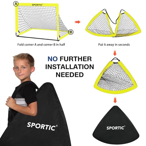 2 Pack 4' x 3' Soccer Goal Net Set, Pop Up Kids Practice Soccer Goals for Indoor and Outdoor.Portable Soccer Net with Carrying Bag & Ground Pegs, Perfect for Backyard, Field, Court - color: Yellow