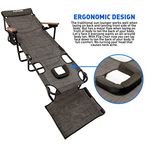 EASYGO PRODUCTS FLIP Face Down Tanning Chaise Lounge Chair with Face & Arm Holes - 4 Legs Support - Textilene Material - 6 Position - Arm Head Rest Pillow - Beach or Home Use - color: Flip Brown