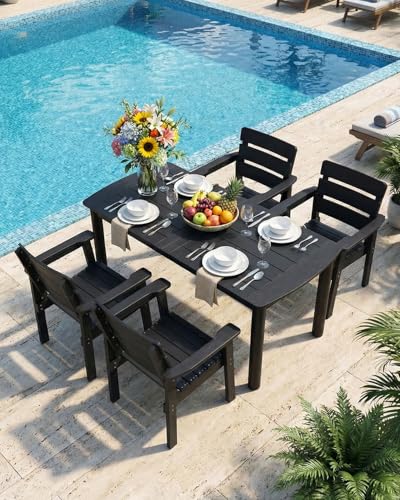 Outdoor Rectangle Dining Table with Rounded Edge, 67" All-Weather HIPS Patio Table for 6, Outdoor Furniture with Umbrella Hole, Ideal for Garden, Poolside, Backyard, Deck, Black - color: Black, size: 1 Table