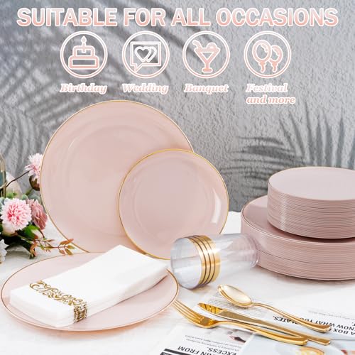 Supernal 350pcs Pink Plastic Plates,Plates Disposable Heavy Duty,Pink Disposable Plastic Dinnerware Set Include 50 Dinner Plate,50 Dessert Plate,50 Gold Cutlery,50 Cups&50 Napkins for Party&Wedding - color: 350pcs Pink and Gold Plastic Dinnerware Set