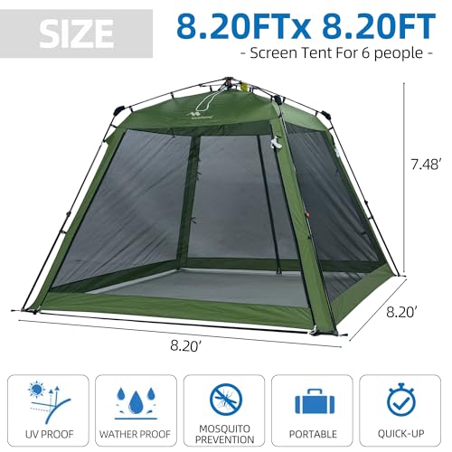 Pop Up Screen House Gazebo 8.2'x8.2'x75'' – Instant Portable Canopy with Mosquito Netting & UPF Sun Protection, Tool-Free 60s Setup, Foldable Outdoor Tent for Backyard, Camping, Park,Olive Green - color: Olive Green