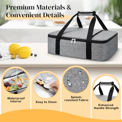 Coobiiya Insulated Casserole Carrier,Lasagna Lugger Tote Keeps Food Hot or Cold,Thermal Lunch Bag Warmer & Cooler Carrier Bag,Portable Tote Bag Fits 9" x 13" Baking Dish for Picnic and Cookout - color: Gray, size: Double Layer: 15.75 × 11.8 × 7.87 in
