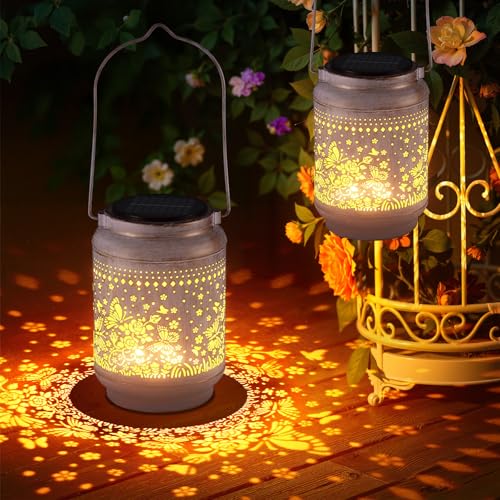 KOOPER 2 Pack Solar Lanterns Outdoor Waterproof Mothers Day Gifts for Women Mom Grandma, Metal Butterfly and Rose Hanging Solar Lantern Outdoor, 2 Modes Outdoor Decoration for Yard, Patio, Garden - size: White, style: Butterflies
