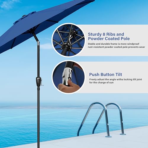 HealSmart 9ft Patio Umbrella with Push Button Tilt/Crank, Outdoor Table Market Yard Umbrella with 8 Sturdy Ribs for Garden, Backyard, Deck, Pool, Blue - color: Blue, size: 9FT