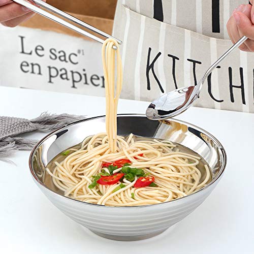 Stainless Steel Ramen Bowl Set, 7.8 Inch Double-Wall Noodle Bowls with Chopsticks Spoons & Chopstick Rests, Modern Soup Dining Bowl for Ramen Pho Salad, Pack of 2, Dishwasher Safe
