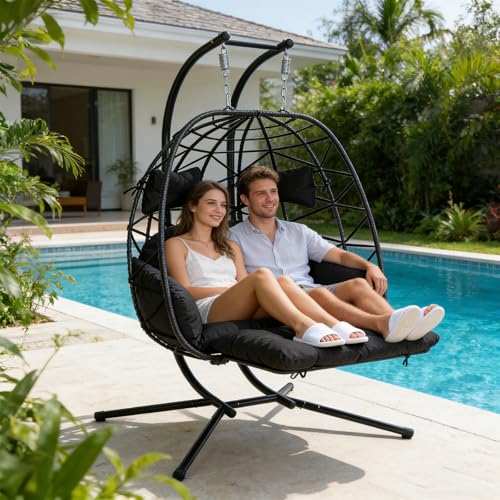 Double Egg Swing Chair with Stand, Oversized 2-Person Indoor Outdoor Hanging Hammock Chairs with Cushion, Wide and Large Comfy Loveseat, Sturdy Porch Swings for Bedroom, Balcony, Garden (Black)