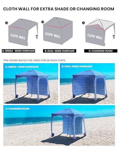 Qipi Beach Cabanas for Sand, Beach Canopy with Sandbags & Side Wall for Family, Easy Set Up Sun Shelter, UPF 50+ UV Protection with Roof Vent - color: 6' x 6' Blue Stripes with Changing Room