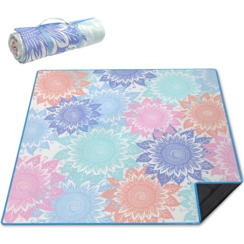 Supfitness Extra Large Picnic Blankets Waterproof Foldable (80 "x 80") Beach Blanket Waterproof Sandproof,3-Layer Thicking Mat Outdoor Packable Camping Blanket(Bohemian) - color: Light Blue, size: 80x80in