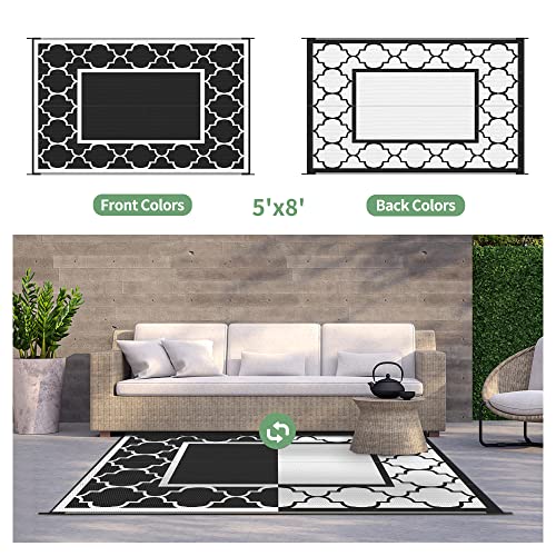 GENIMO 5' x 8' Outdoor Rug Waterproof for Patio Decor, Foldable Reversible Plastic Straw Area Rugs Mat for Camper, Outside Carpet for Rv, Deck, Porch, Picnic, Beach, Balcony, Black & White - color: Black&white, size: 5' x 8' (Rectangular)
