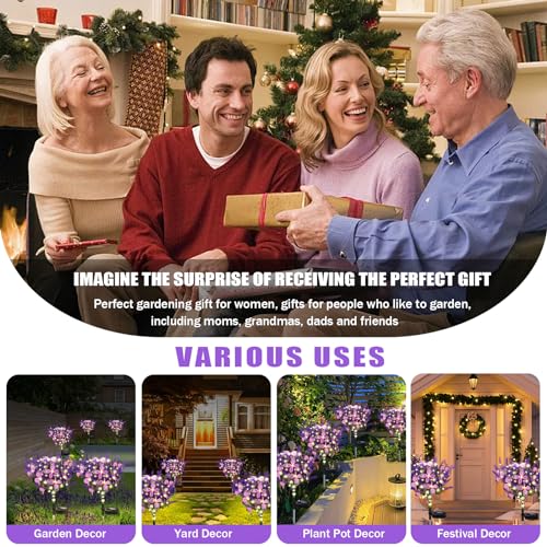 Kohlrabi Solar Garden Lights Outdoor, 4 Pack Purple Lavender Solar Butterfly Lights Gardening Gifts for Women, Artificial Flower with Butterfly Purple Garden Decor for Lawn Patio-Warm White - color: Warm White, size: 4 Pack