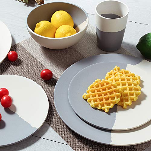 MORGIANA 8 pcs Bamboo Dinnerware Set Reusable Plates Bowls Sets, Camping Picnic Dishes Tableware Set for 2 (Grey & White) - color: Grey & White