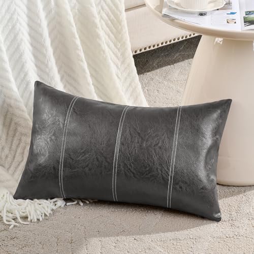 Fancy Homi 2 Packs Dark Gray Lumbar Faux Leather Decorative Throw Pillow Covers 12x20 Inch for Outdoor Couch Bed, Modern Farmhouse Boho Home Decor, Charcoal Grey Hand Stitched Cushion Case 30x50 CM - color: Dark Gray, size: 20" x 12" (Pack of 2)
