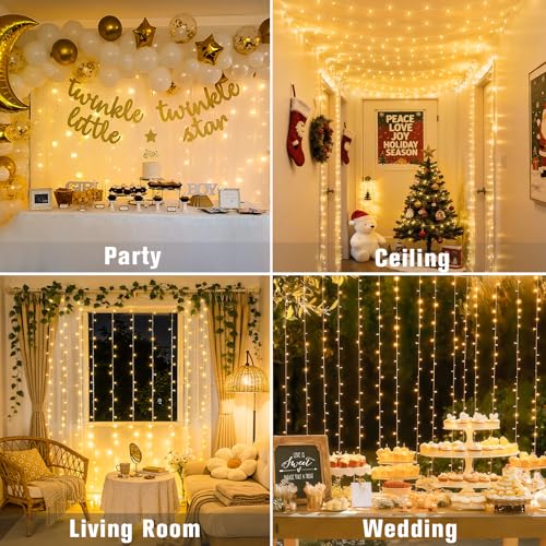 JMEXSUSS 300 LED Remote Control Curtain Lights, Plug in Fairy Curtain Lights Outdoor, Window Wall Hanging String Lights for Bedroom Indoor Dorm Backdrop Wedding Party Patio Christmas Decor, Warm White - color: *Warm White, size: 300 LED