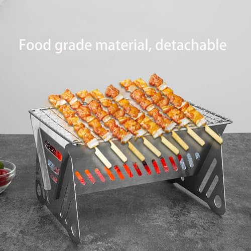 Mini Portable Camping Grill with Bamboo Stick/Storage bag, Small Assemblable Removable BBQ Grill Tabletop Fire Pit for Camping Patio Outdoor Stainless Steel Camping Grill Folding Barbecue Grills