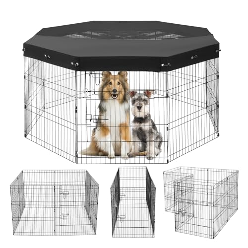 VEVOR Dog Playpen, 8 Pcs 30"H x 24"W Panels Foldable Metal Pet Exercise Pen, Dog Fence Indoor and Outdoor Pen with Door, 600D Oxford Fabric Top Cover, Pet Playpen for Dogs, Cats, Other Small Animals - size: 8 panels 30*24in, style: Playpen + Top Cover