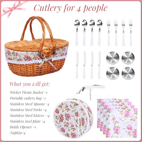 Wicker Picnic Basket with Handle, 15" Large Picnic Basket with Lid & Removable Liner, Vintage Hand Woven Basket with Cutlery Set for Picnics, Camping, Thanksgiving, and Birthday - color: Flower, size: 4-person