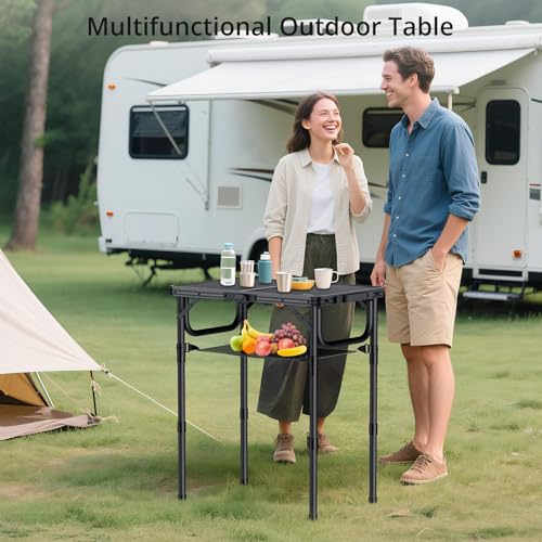 Anbte Folding Camping Table with Storage Net, Pure Black Aluminum 2ft Picnic Table 23.2" x 16" Outdoor Table Adjustable Height Max 27.5", Lightweight, Waterproof, Portable Handle for Travel Cooking - color: Pure Black, size: 24"L x 16"W x 27.5H"