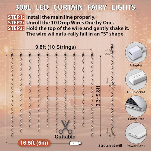 HXWEIYE 300LED Fairy Curtain Lights, 9.8x9.8Ft USB Plug-in 8 Modes Christmas String Hanging Lights with Remote for Bedroom Backdrop Wedding Indoor Wall Decor, Orange, Standard – 1 Pack - color: Orange, size: Standard – 1 Pack