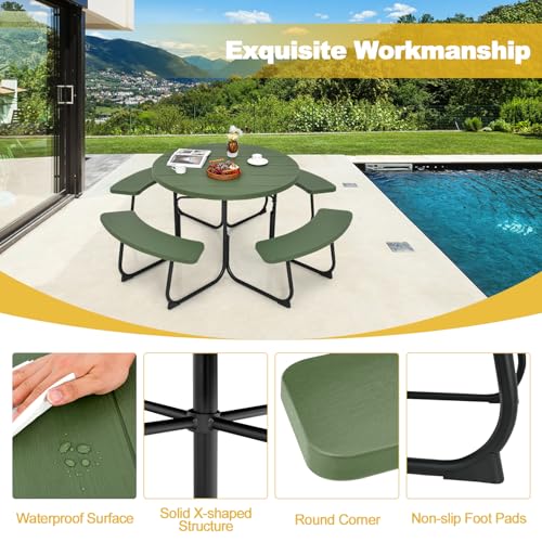 Tangkula 8 Person Picnic Table, Outdoor Round Picnic Table with 4 Built-in Benches, Umbrella Hole, Metal Frame & HDPE Tabletop, Outside Table and Bench Set for Backyard, 2300lbs Weight Capacity - color: Green