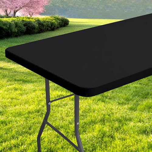 Rectangle Table Cloth, Waterproof Elastic Fitted Tablecloth for 4 Foot Folding Tables, Washable Polyester Tablecloths for Picnic, Camping, Outdoor (Black, 30"x48") - color: Black, size: 48" x 30" (Rectangular)