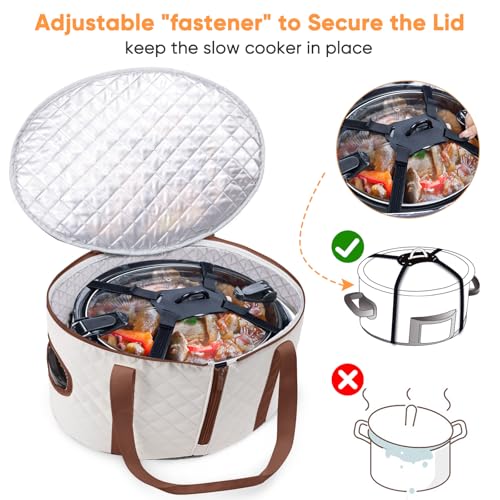 BAGSPRITE Slow Cooker Carrying Case Compatible with 6-8 Quart Crockpot Carrier for Hot Food and Hamlton Beach Slow Cooker Tote with Lid Fastener for Crock-pot Dust Cover Applicances - color: Ivory
