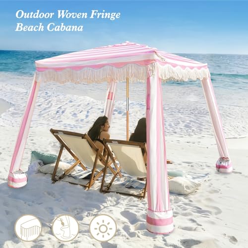 AMMSUN Beach Cabana with Fringe, 7' x 7' Boho Beach Canopy with Tassels, Easy Set up & Premium Wood Pole, Cabana Tent with Sand Pockets, Instant Sun Shade for Sand, Garden, Patio, Rose Stripes - color: Pink Rose Stripes