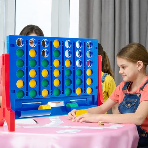 COSTWAY Giant 4-in-a-Row Game with Storage Carry Bag, Jumbo 4-to-Score Game with Chess, Quick Release Slider for Kids Adults, Indoor Outdoor Backyard Game Set, Free-Standing/Wall-mounting (Blue) - color: Blue