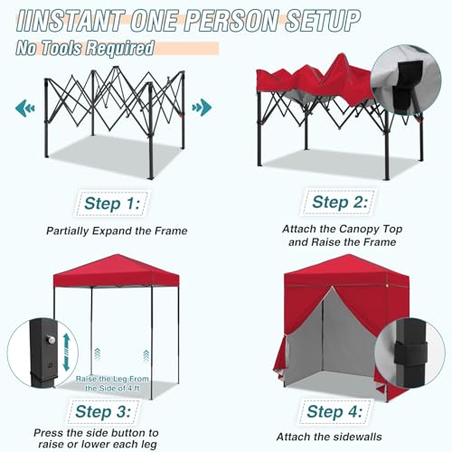 EAGLE PEAK 6x4 Instant Pop Up Canopy Tent with 4 Side Wall Panels, Straight Leg Sun Shelter, Portable Canopy with Carry Bag for Camping, Beach & Sports, Red - color: Red, size: Four Walls