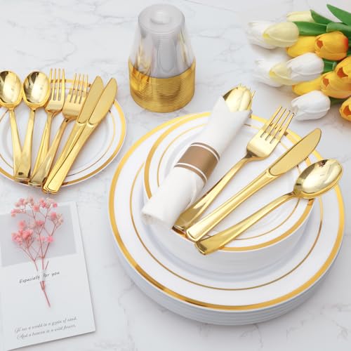 Goodluck 350 Piece Gold Plastic Dinnerware Set for 50 Guests, Fancy Disposable Plates for Party, Include: 50 Dinner Plates, 50 Dessert Plates, 50 Pre Rolled Napkins with Silverware, 50 Cups - color: Gold, style: 350 Piece (50 guests)
