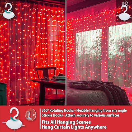 HXWEIYE 300LED Fairy Curtain Lights, 9.8x9.8Ft USB Plug-in 8 Modes Christmas String Hanging Lights with Remote for Bedroom Backdrop Wedding Indoor Wall Decor, Red, Standard – 1 Pack - color: Red, size: Standard – 1 Pack
