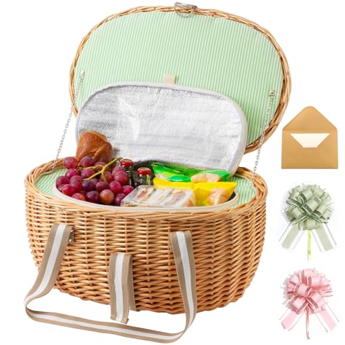 Picnic Basket Insulated with Lid, Extra Large Wicker Picnic Basket with Waterproof Insulated, Handwoven Portable Vintage Picnic Hamper 8.4 Gal(31.7L), Camping Outdoor Gifts Date, Natural - size: Oval With Insulated Lining