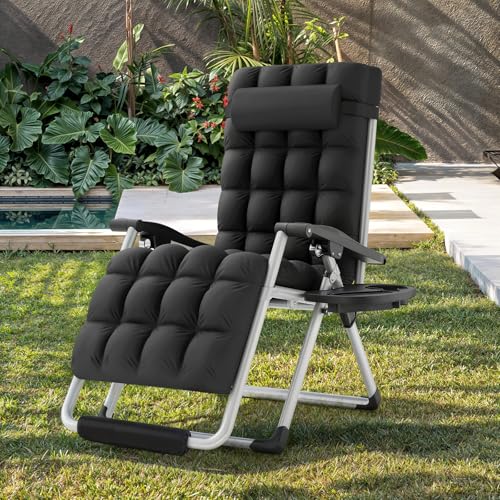 MoNiBloom 27-Inch Zero Gravity Lounge Chair with Cushion, Padded Patio Anti Gravity Recliner, Foldable Outdoor Lounger with Headrest and Footrest for Beach Camping, Black - color: Black, size: 27-Inch with Footrest 1-Pack