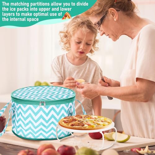 Pickmesh Round Pie Carrier 12 x 7 Inch Insulated Casserole Carriers with Lid and Detachable Handle for Hot or Cold Food Cake Transport Thanksgiving Christmas Gift(Cyan White Zigzag) - color: Cyan White Zigzag