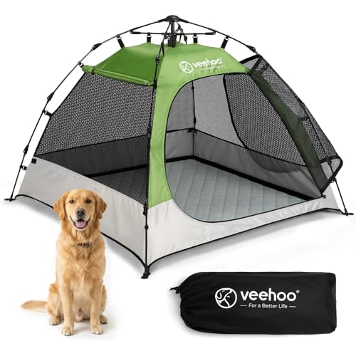 Veehoo Pop Up Dog Tent House for Indoor Outdoor, Portable & Waterproof Dog Canopy Shelter with Cool Mesh, Foldable Automatic Pet Tent for Dogs with Camping Mat and Bag for Large & Extra Large Dogs - size: 47.2"L × 47.2"W × 37.4"H